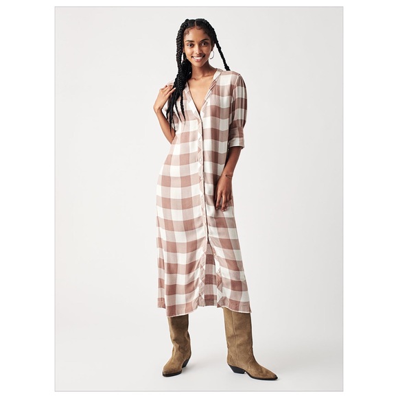 Faherty Helena Shirtdress Midi Dress Brownie Buffalo Plaid XL NWT - Picture 1 of 5